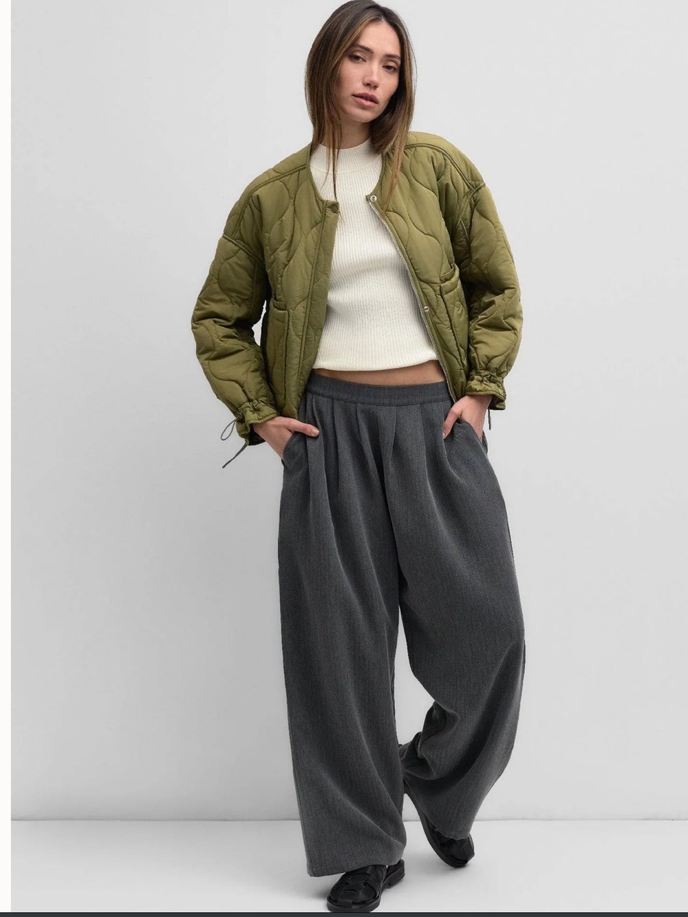 Mod Ref The Kara Quilted Puffer Jacket Olive Green Size Large Cropped Oversized